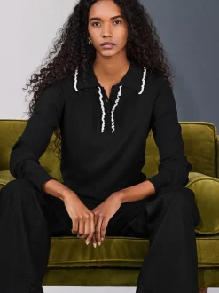Zwart met contrastrandje - Soft Touch Cotton Rich Frill Polo Top