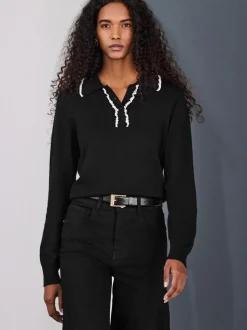 Zwart met contrastrandje - Soft Touch Cotton Rich Frill Polo Top