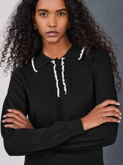 Zwart met contrastrandje - Soft Touch Cotton Rich Frill Polo Top