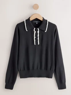 Zwart met contrastrandje - Soft Touch Cotton Rich Frill Polo Top