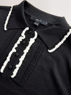 Zwart met contrastrandje - Soft Touch Cotton Rich Frill Polo Top