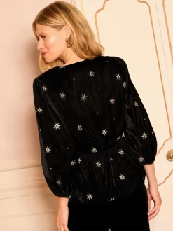Zwart met goud - Love & Roses V-hals blouse met 3/4 -mouwen en peplum