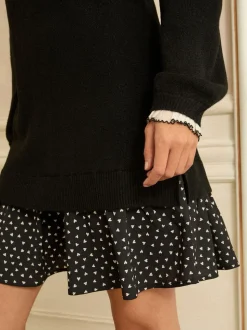 Zwart met hartjesprint - Love & Roses gebreide mini-jurk met geweven rok