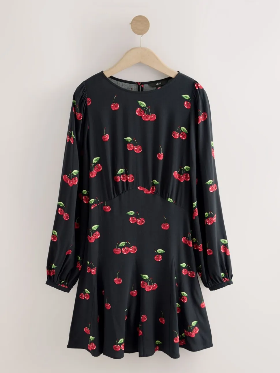 Zwart met kersenprint - Mini Long Sleeve A-Line Seam Detail Dress