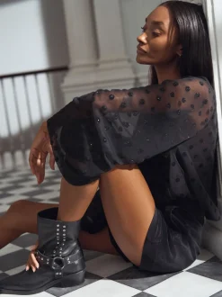 Zwart met stippen - Batwing Long Sleeve Devore Blouse