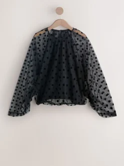 Zwart met stippen - Batwing Long Sleeve Devore Blouse