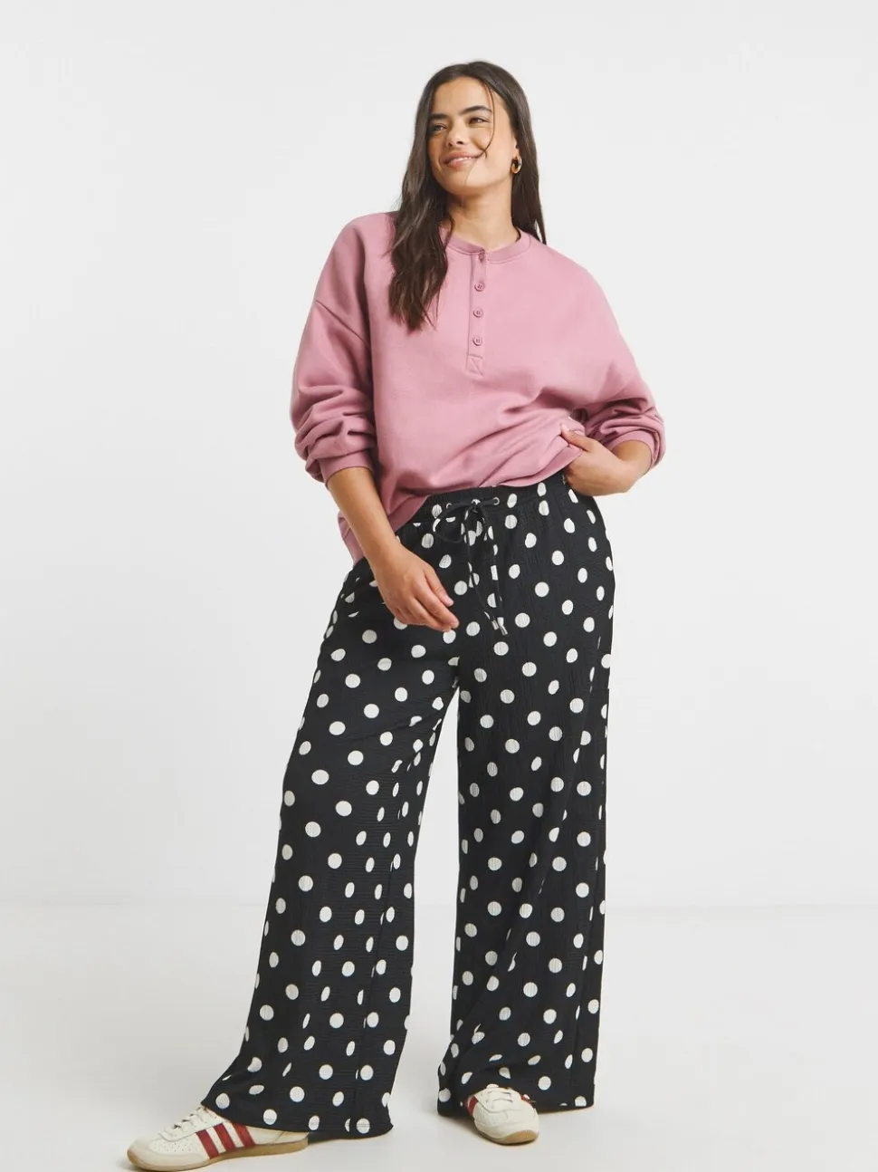 Zwart met stippen - Simply Be Textured Jersey Drawstring Wide Leg Trousers