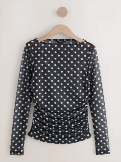 Zwart met stippen - Top met lange mouwen, gerimpelde zijkanten en mesh