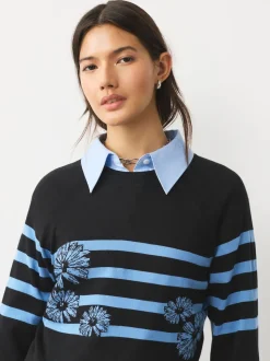 Zwart/blauw gestreept met bloemenprint - Soft Touch Ronde hals Katoen Rijke Trui