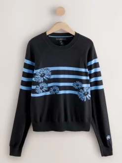 Zwart/blauw gestreept met bloemenprint - Soft Touch Ronde hals Katoen Rijke Trui