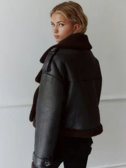 Zwart/chocoladebruin - Faux Shearling Cropped Aviator Jacket