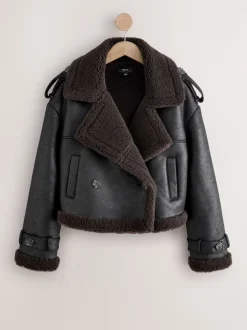 Zwart/chocoladebruin - Faux Shearling Cropped Aviator Jacket