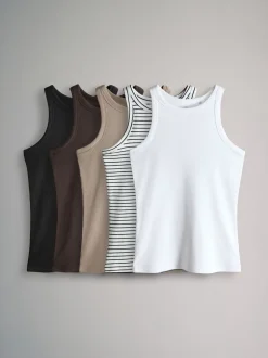Zwart/chocoladebruin/taupebruin/streep/wit - The Set 5 Pack Racer Ribbed Vests