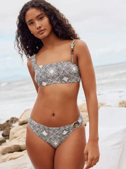 Zwart/crème met aztekenprint - Asymmetrische bikinitop met kralen