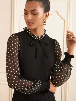 Zwarte Bloemen Vlek Franje Hals - Love & Roses Frill Neck Chiffon Sleeve Knitted Mini Dress