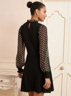 Zwarte Bloemen Vlek Franje Hals - Love & Roses gebreide mini-jurk met chiffon mouwen