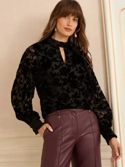 Zwarte fluwelen Devoré - Love & Roses blouse met lange mouwen en striksluiting