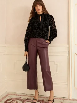 Zwarte fluwelen Devoré - Love & Roses blouse met lange mouwen en striksluiting