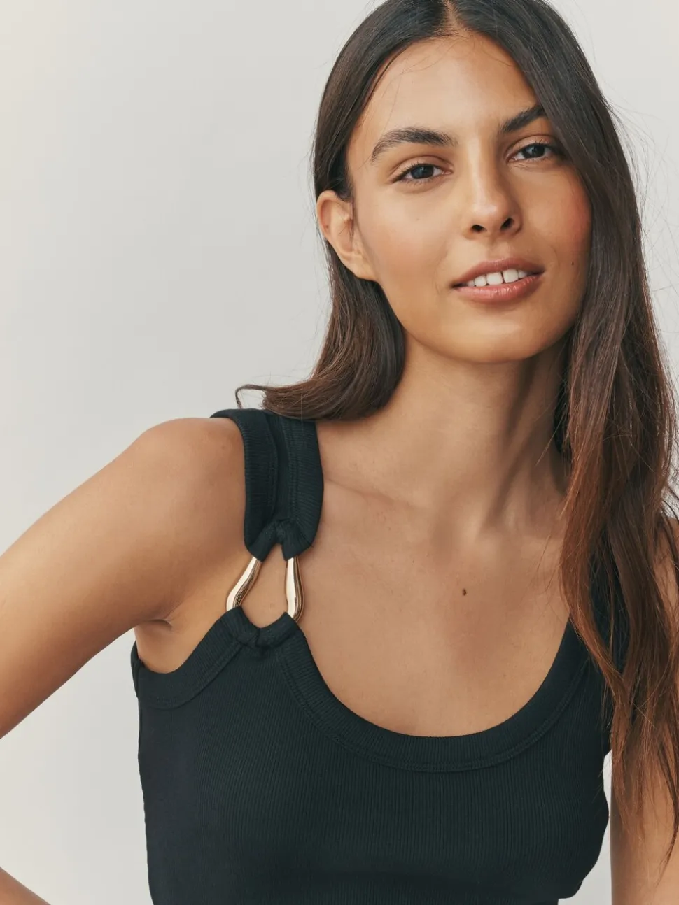Zwart/goud - Trim Hardware Detail Racer Ribbed Vest Top