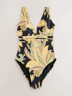 Zwart/groen paisley - Diepuitgesneden vormgevend buikcorrigerend badpak