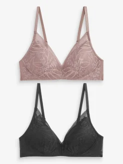 Zwart/mauve - Ultiem comfort beha's met kanten detail verpakking van 2