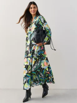 Zwart/meerkleurig met bloemenprint - Halflange overhemdjurk met lange mouwen