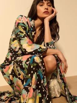 Zwart/meerkleurig met bloemenprint - Printed Long Sleeve Shirt Dress