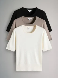 Zwart/Naturel/Crème - The Set fijngebreide T-shirts