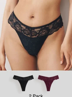 Zwart/paarsrood - Thong All Over Lace Light Flow Period Knickers 2 Pack