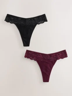 Zwart/paarsrood - Thong All Over Lace Light Flow Period Knickers 2 Pack