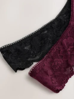 Zwart/paarsrood - Thong All Over Lace Light Flow Period Knickers 2 Pack