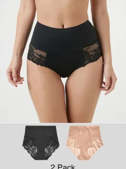 Zwart/praline huidskleur - Verpakking van 2 Braziliaanse slipjes met kanten achterkant en buikcorrigerend effect en print