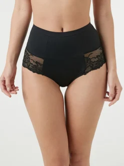 Zwart/praline huidskleur - Verpakking van 2 Braziliaanse slipjes met kanten achterkant en buikcorrigerend effect en print