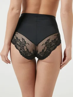 Zwart/praline huidskleur - Verpakking van 2 Braziliaanse slipjes met kanten achterkant en buikcorrigerend effect en print