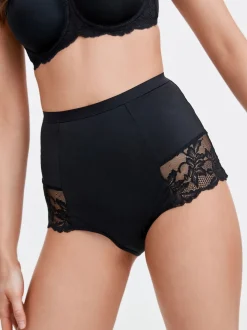 Zwart/praline huidskleur - Verpakking van 2 Braziliaanse slipjes met kanten achterkant en buikcorrigerend effect en print