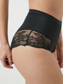 Zwart/praline huidskleur - Verpakking van 2 Braziliaanse slipjes met kanten achterkant en buikcorrigerend effect en print