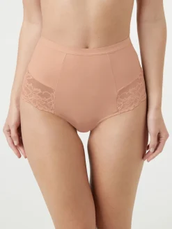 Zwart/praline huidskleur - Verpakking van 2 Braziliaanse slipjes met kanten achterkant en buikcorrigerend effect en print