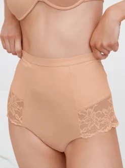 Zwart/praline huidskleur - Verpakking van 2 Braziliaanse slipjes met kanten achterkant en buikcorrigerend effect en print