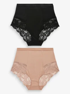 Zwart/praline huidskleur - Verpakking van 2 Braziliaanse slipjes met kanten achterkant en buikcorrigerend effect en print
