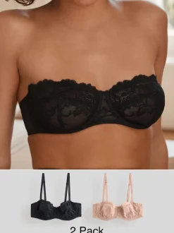 Zwart/praline huidskleur - Kanten strapless multiway beha's zonder vulling 2 set
