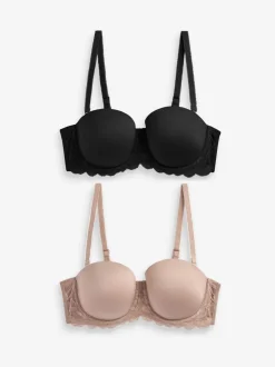 Zwart/praline huidskleur - Verpakking van 2 strapless multiway beha's met lichte vulling in cupmaten A-E