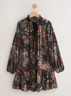 Zwart/rood met bloemenprint - Mini Tie Front Tiered Long Sleeve Dress