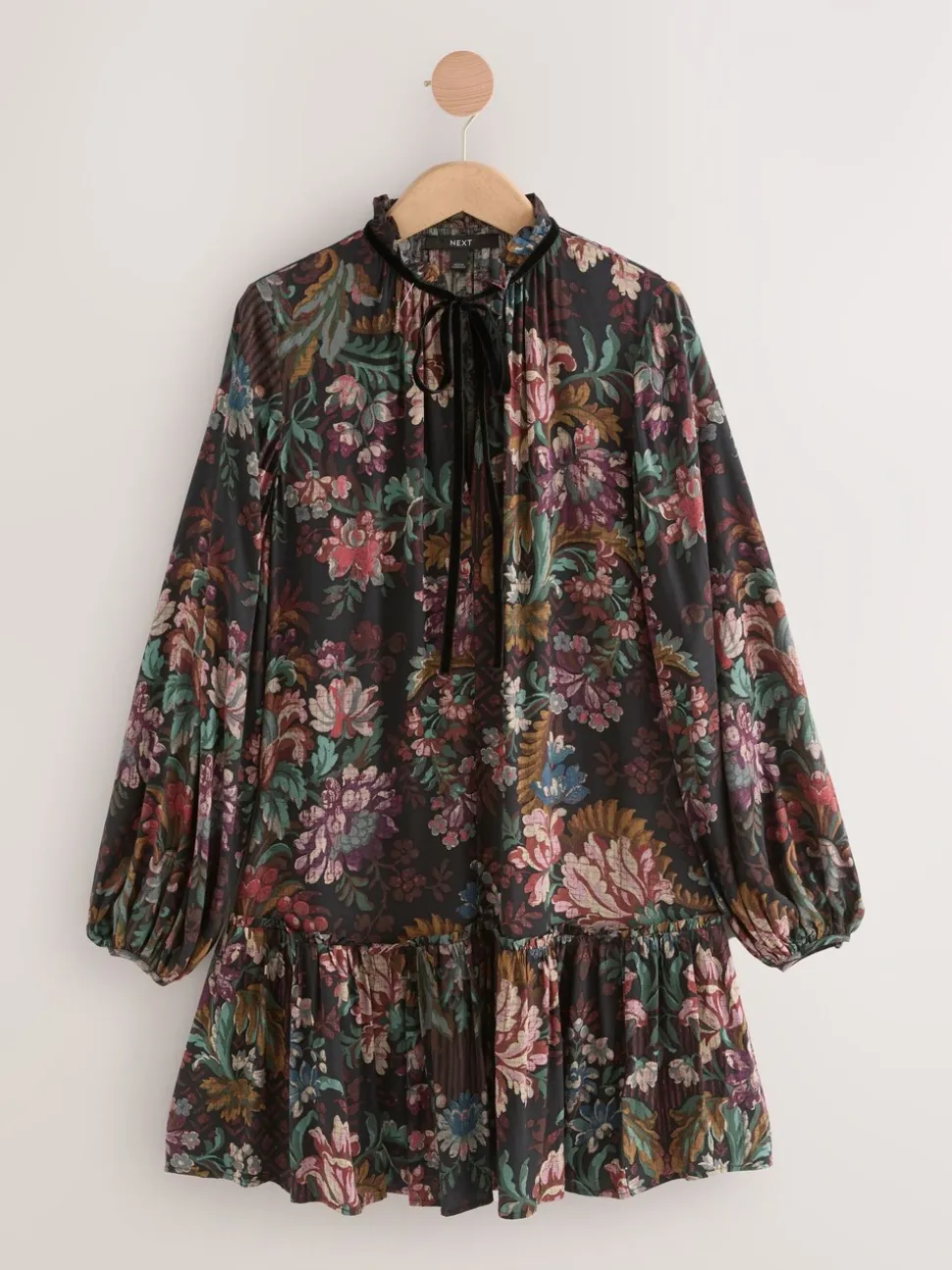 Zwart/rood met bloemenprint - Mini Tie Front Tiered Long Sleeve Dress
