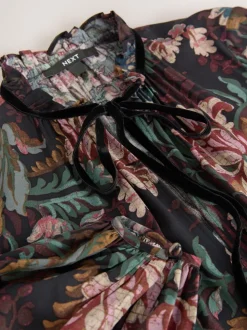 Zwart/rood met bloemenprint - Mini Tie Front Tiered Long Sleeve Dress