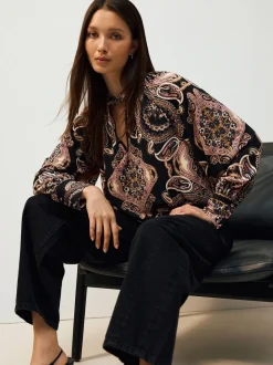 Zwart/Roze paisley - Long Sleeve Twist Neck Jersey Blouse