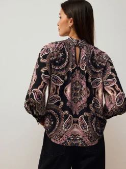 Zwart/Roze paisley - Long Sleeve Twist Neck Jersey Blouse