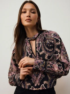 Zwart/Roze paisley - Long Sleeve Twist Neck Jersey Blouse