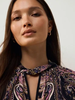 Zwart/Roze paisley - Long Sleeve Twist Neck Jersey Blouse