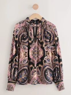 Zwart/Roze paisley - Long Sleeve Twist Neck Jersey Blouse