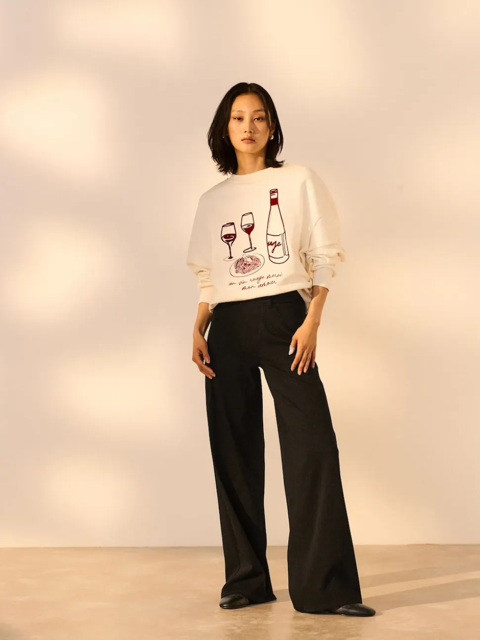 Zwart/Saliegroen - Jersey denim broek met wijde pijpen 2 set
